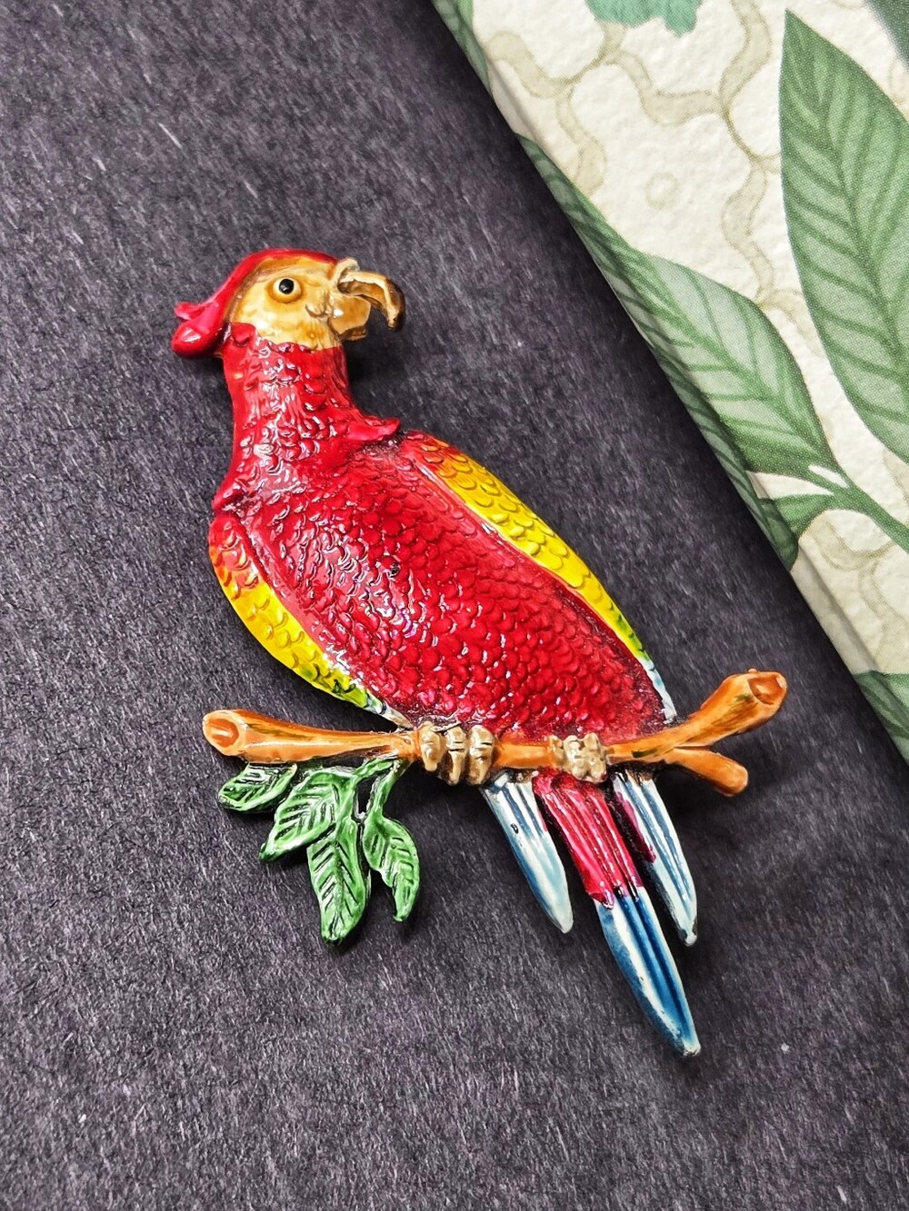 Vintage 3D Parrot Brooch in Red, Yellow, Blue and Green
